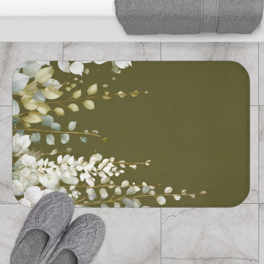 Olive Green Eucalyptus Bath Mat, Modern Earthy Minimalist Bathroom