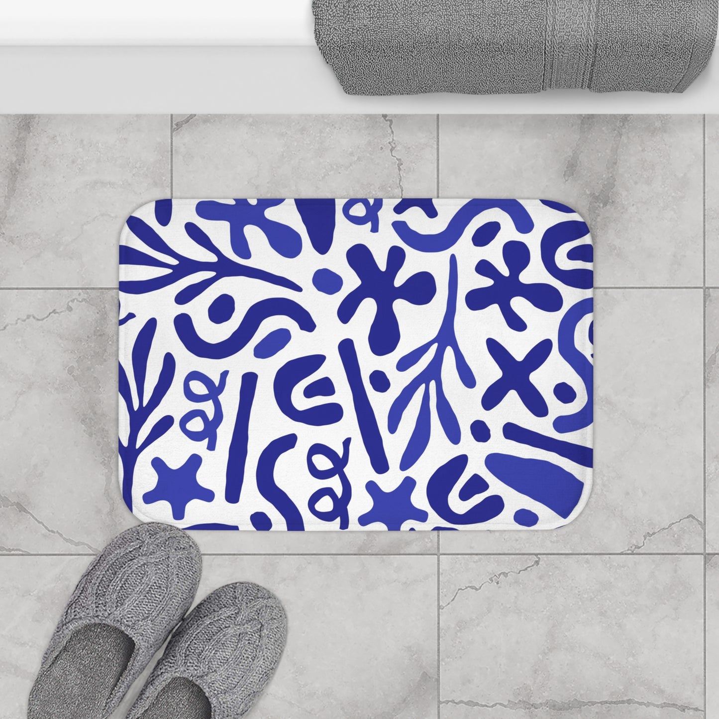 Blue Mediterranean Bath Mat, Matisse Inspired Organic Shape Bathroom Decor