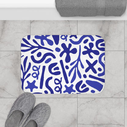 Blue Mediterranean Bath Mat, Matisse Inspired Organic Shape Bathroom Decor