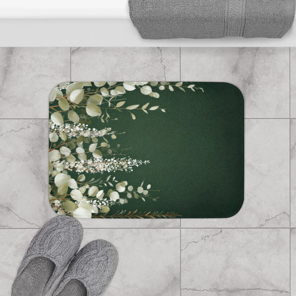 Dark Green Eucalyptus Bath Mat, Boho Botanical Bathroom Decor