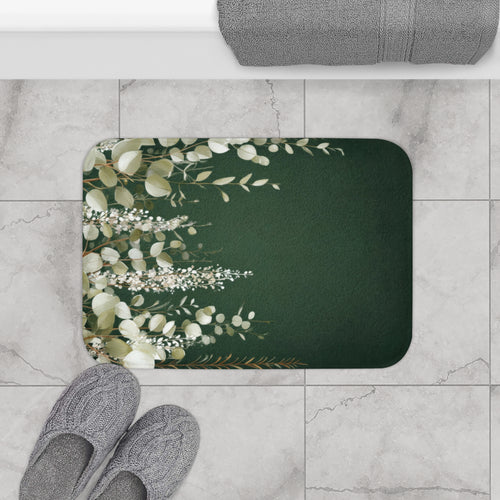 Dark Green Eucalyptus Bath Mat, Boho Botanical Bathroom Decor