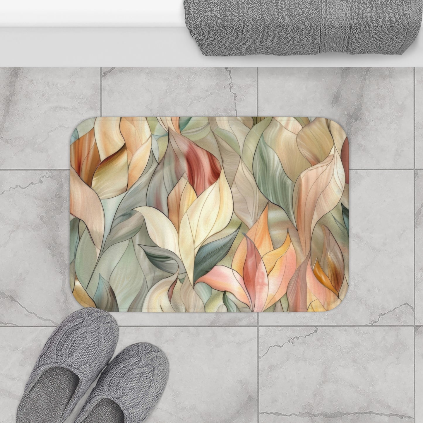 Stained Glass Leaves Design Bath Mat, Minimalist Calming Botanical Bathroom