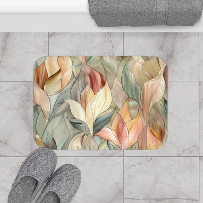 Stained Glass Leaves Design Bath Mat, Minimalist Calming Botanical Bathroom