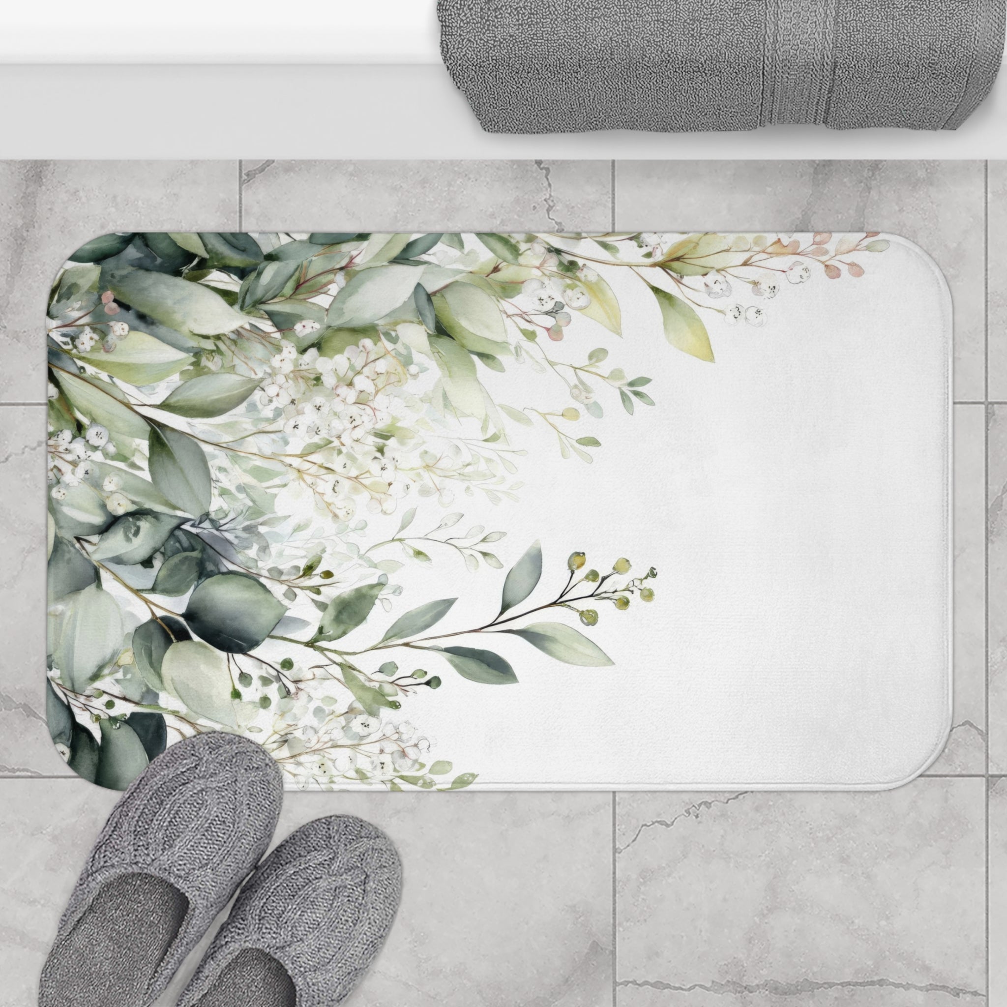 Watercolor Eucalyptus Bath Mat, Botanical Green Bathroom Decor