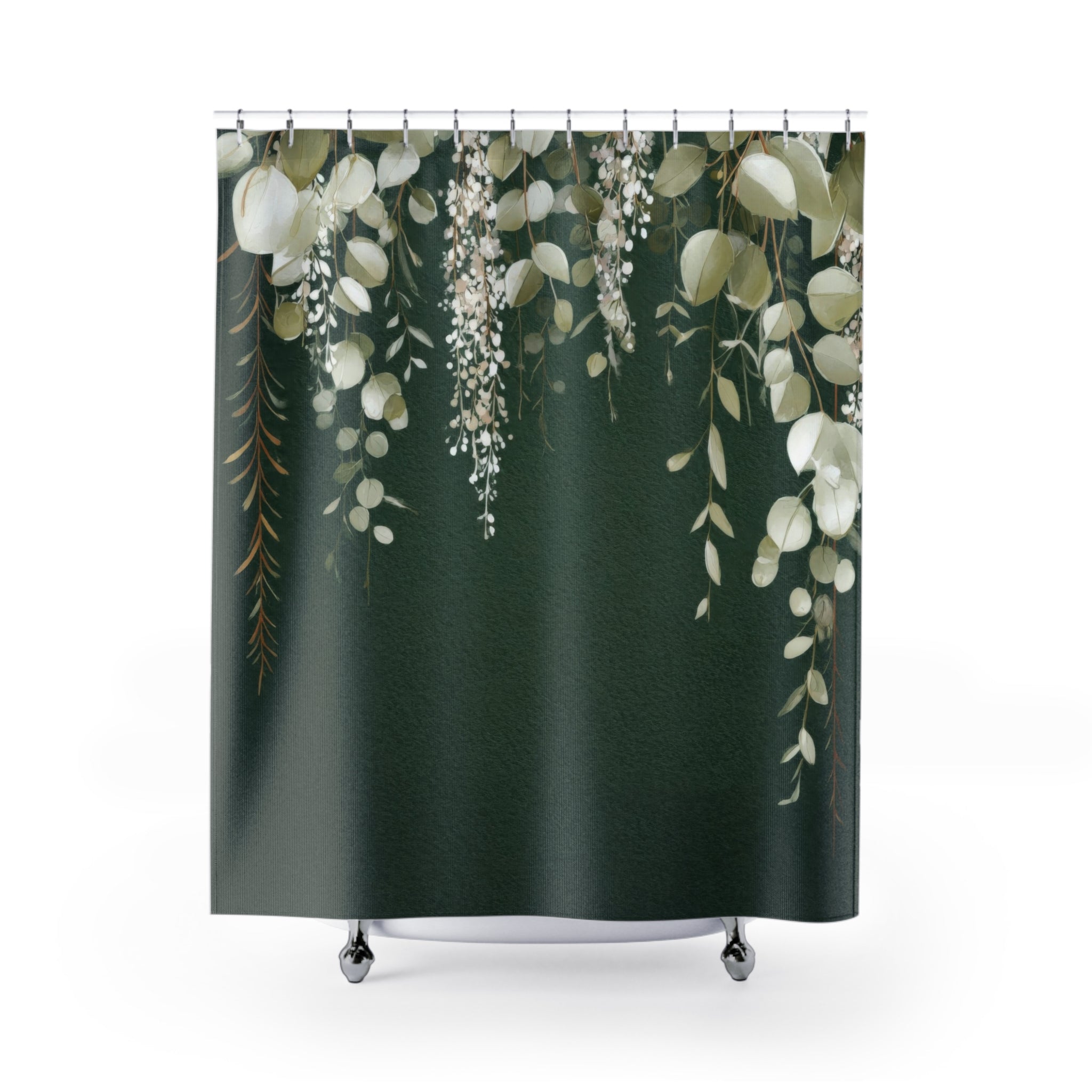 Dark Green Eucalyptus Shower Curtains, Boho Botanical Bathroom Decor
