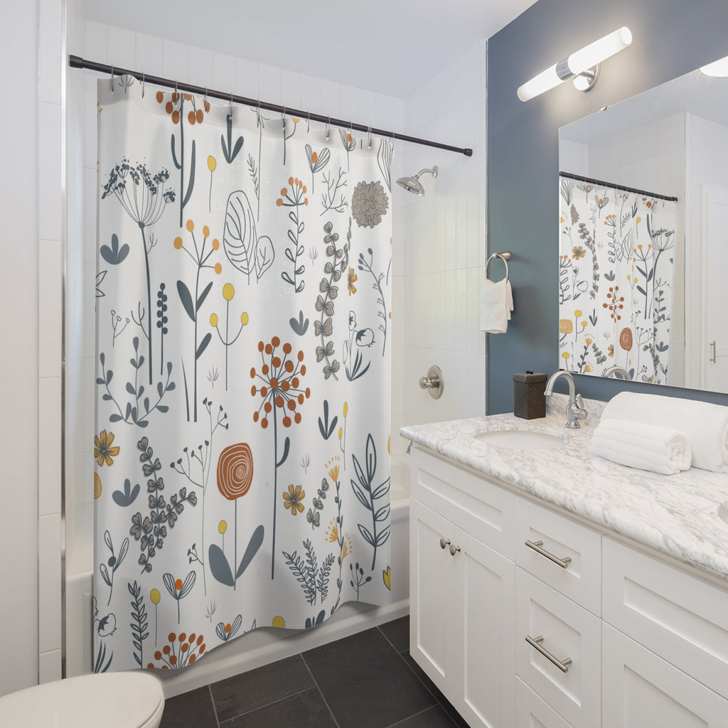 Scandinavian Wildflower Shower Curtains, Modern Minimalist Bath Aesthetic