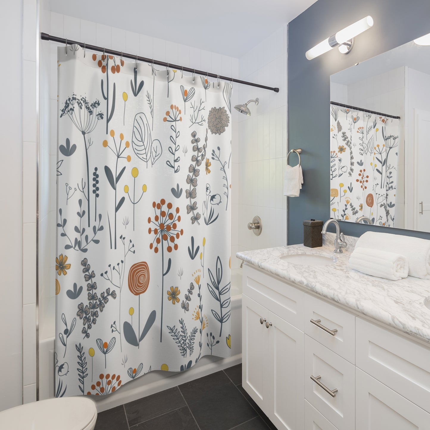 Scandinavian Wildflower Shower Curtains, Modern Minimalist Bath Aesthetic