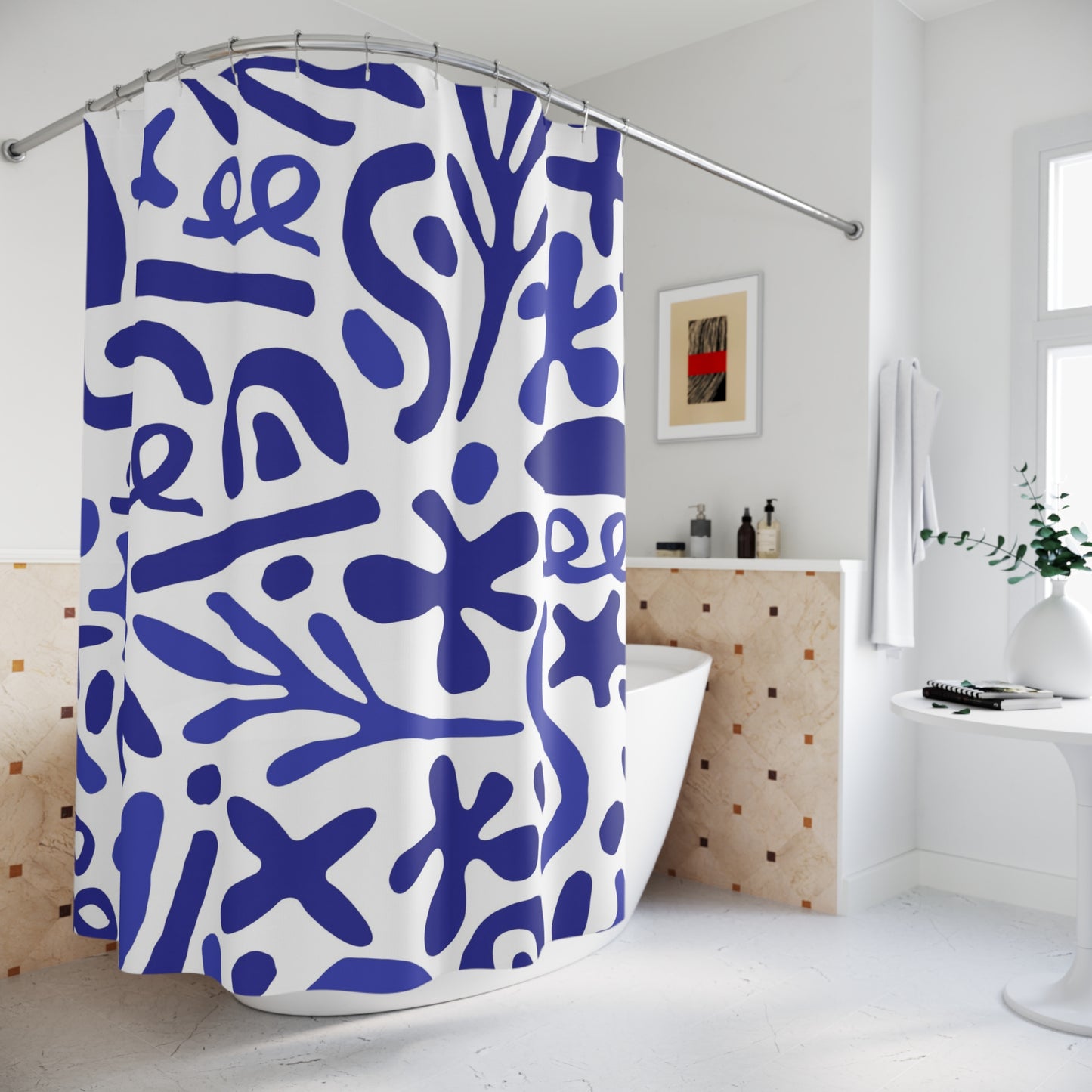 Blue Mediterranean Shower Curtains, Matisse Inspired Organic Shape Bathroom Decor