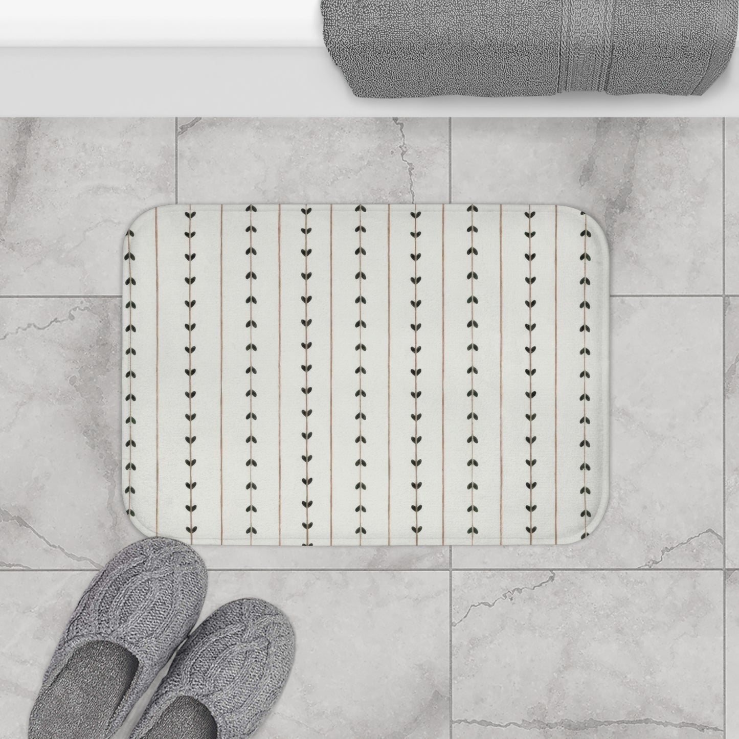 Minimalist Boho Bath Mat, Modern Scandi Vine Stripe Bathroom Decor
