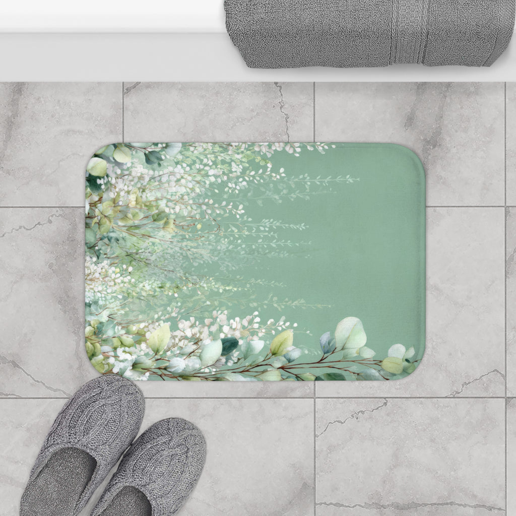 Cascading White Wisteria & Sage Eucalyptus Bath Mat, Serene Luxury Bathroom Decor