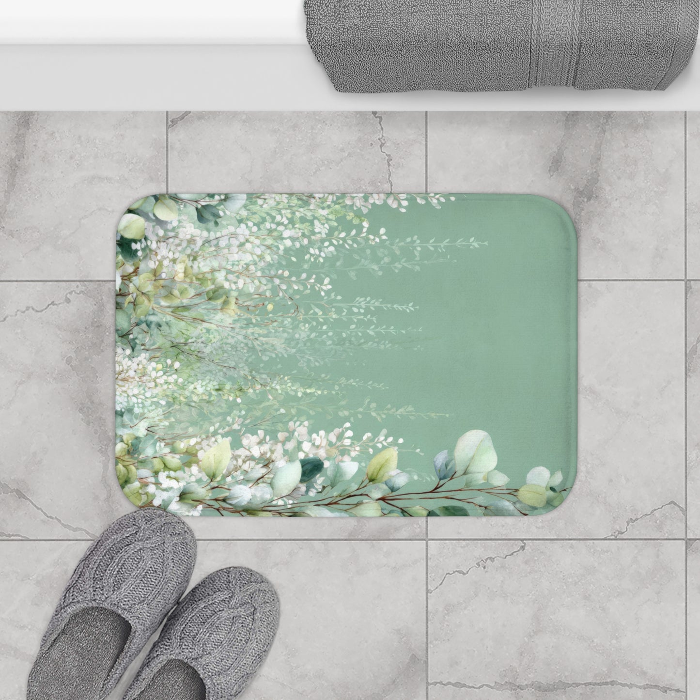 Cascading White Wisteria & Sage Eucalyptus Bath Mat, Serene Luxury Bathroom Decor