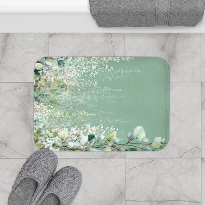 Cascading White Wisteria & Sage Eucalyptus Bath Mat, Serene Luxury Bathroom Decor