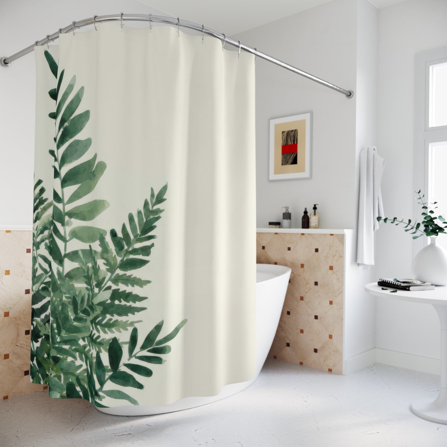 Watercolor Fern Shower Curtains, Modern Minimalist Organic Bath