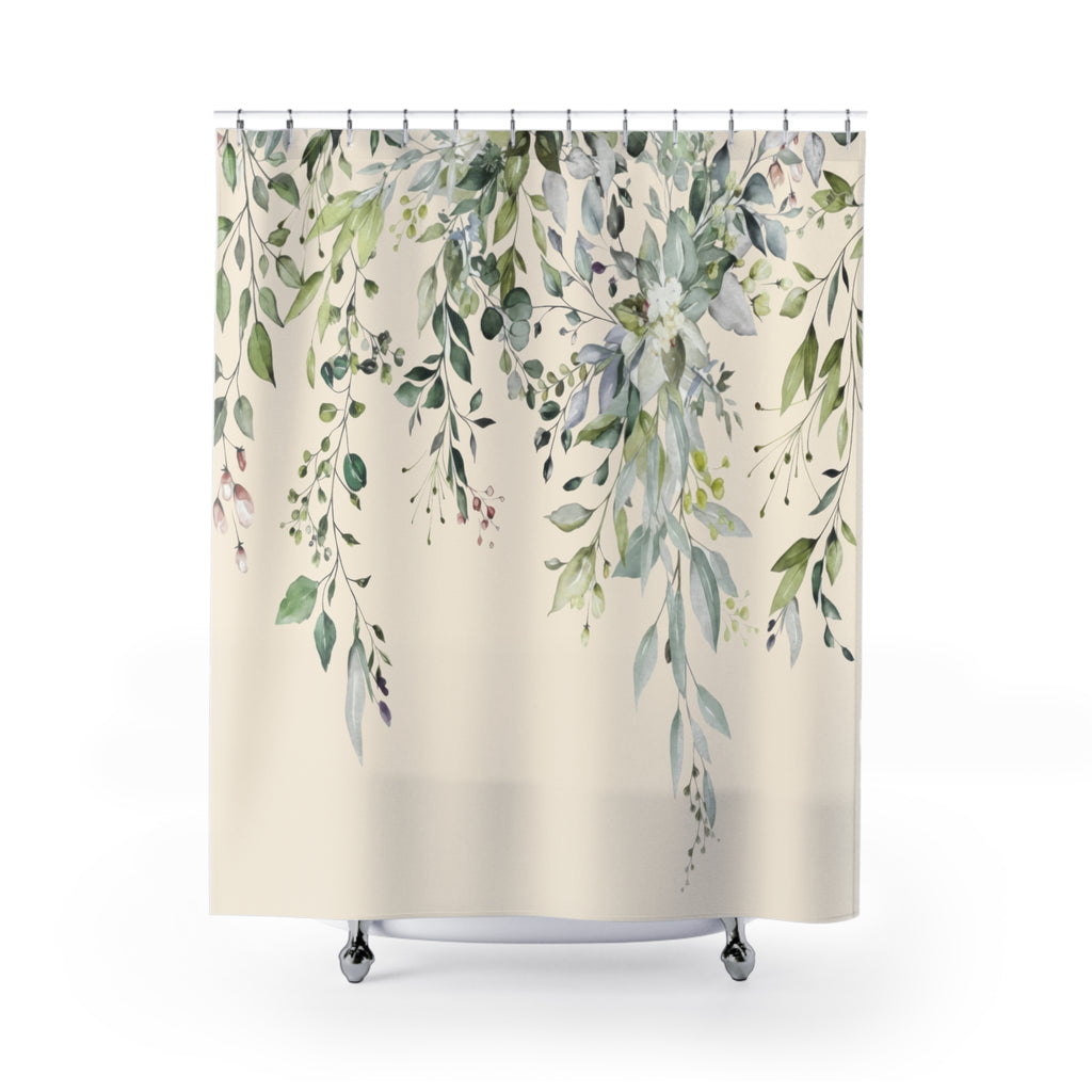 Watercolor Sage and Cream Eucalyptus Shower Curtains, Boho Bathroom Decor