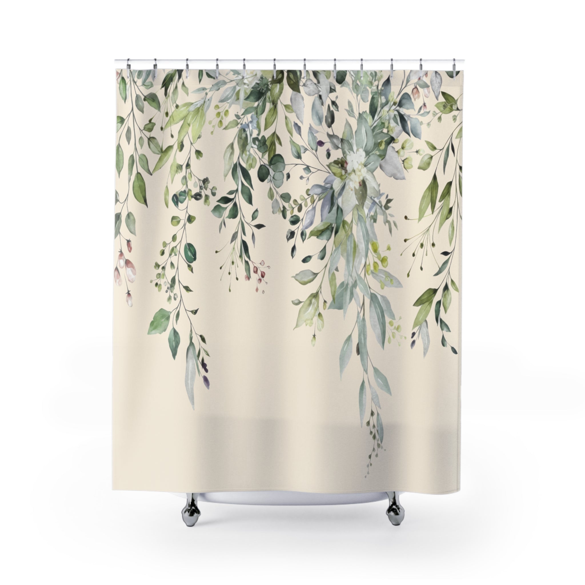 Watercolor Sage and Cream Eucalyptus Shower Curtains, Boho Bathroom Decor