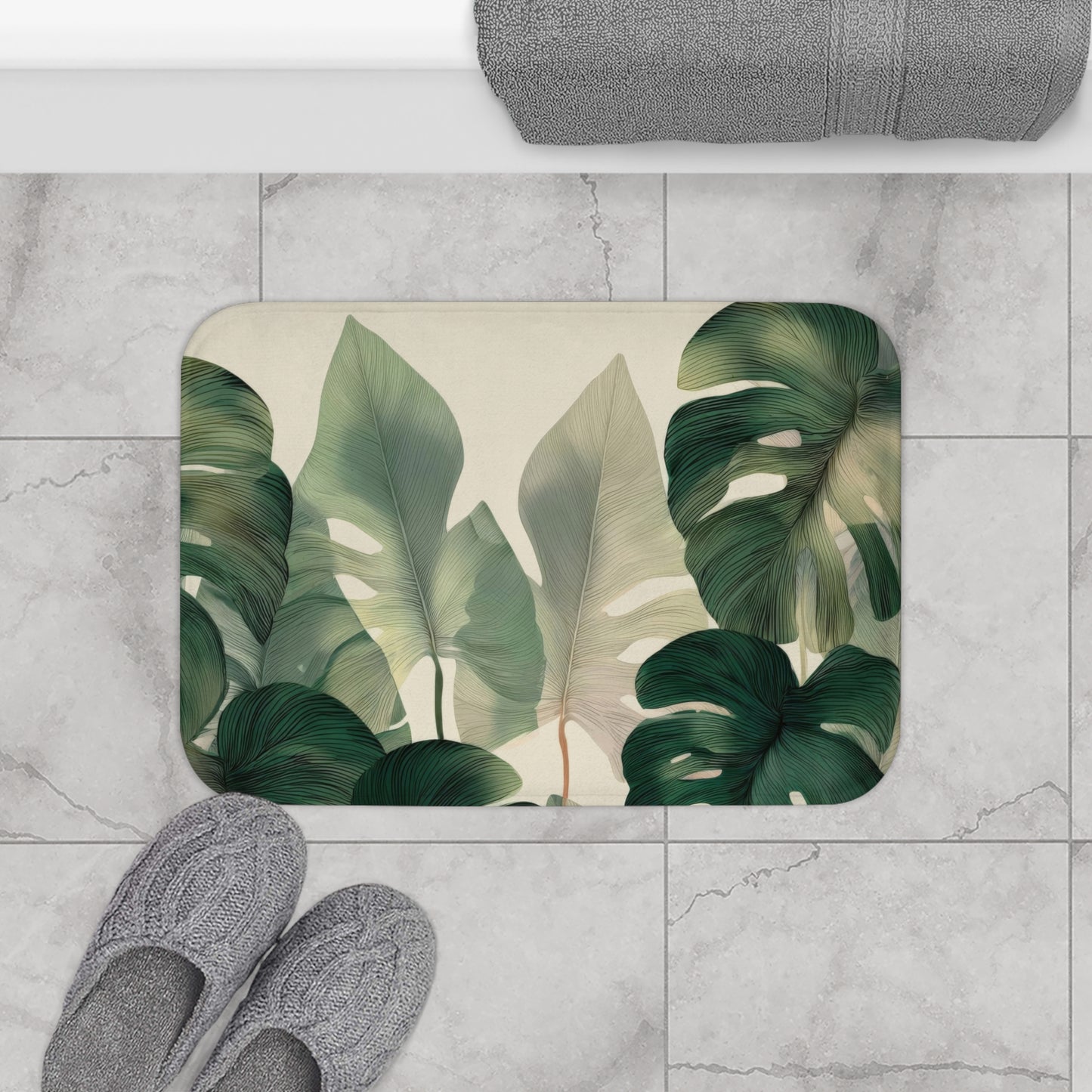 Monstera Bath Mat, Tropical Botanical Bathroom Decor