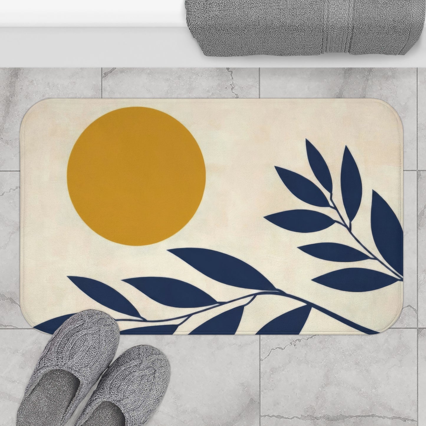 Modern Abstract Navy and Mustard Bath Mat, Aesthetic Mid Century Scandi Bathroom