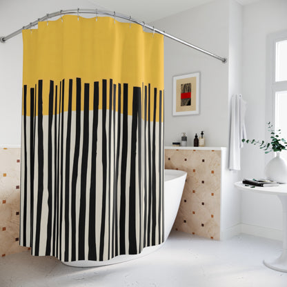 Abstract Birch Shower Curtains, Mustard and Charcoal Japandi Minimalist Bath Art