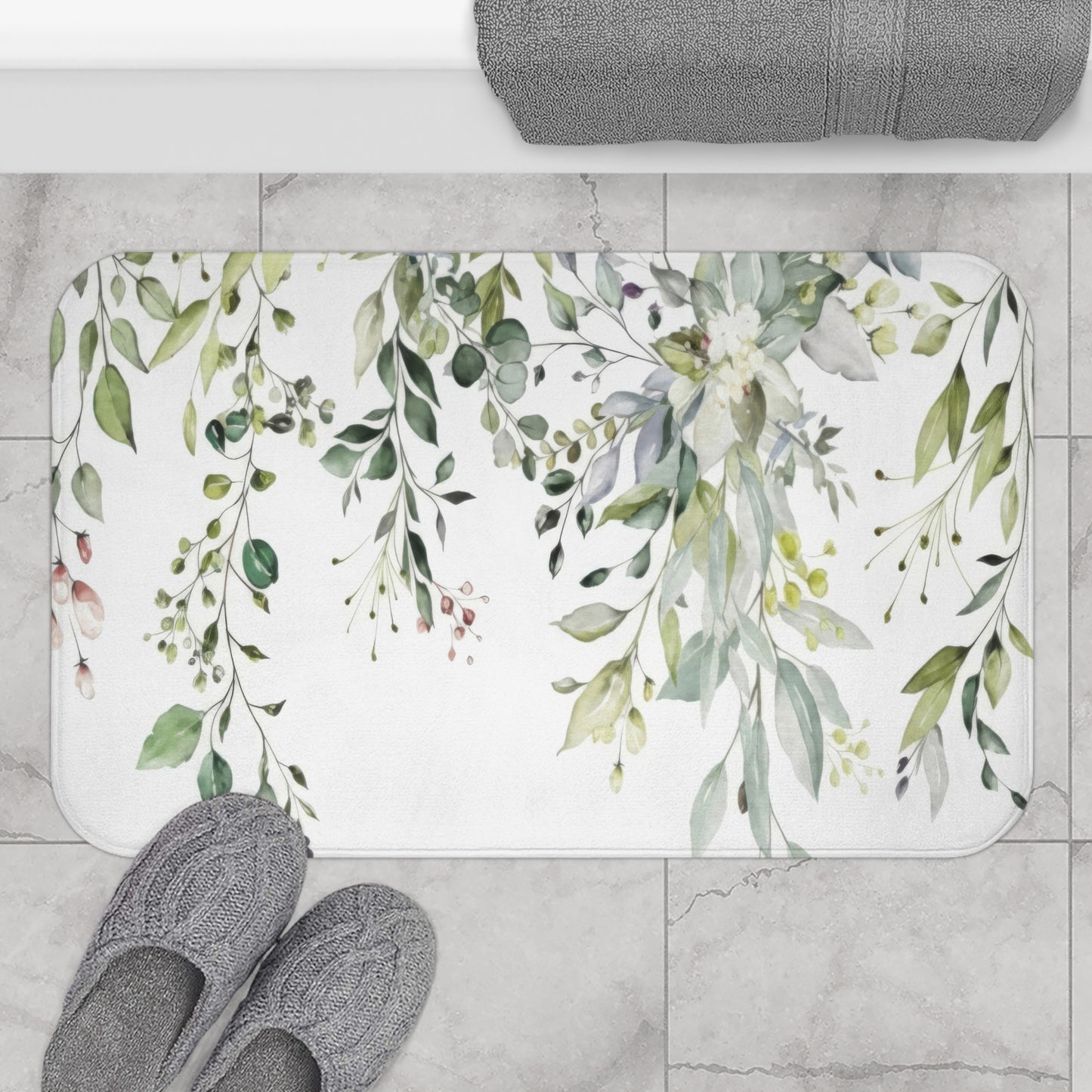 Sage Eucalyptus Bath Mat, Watercolor Greenery Bathroom Decor