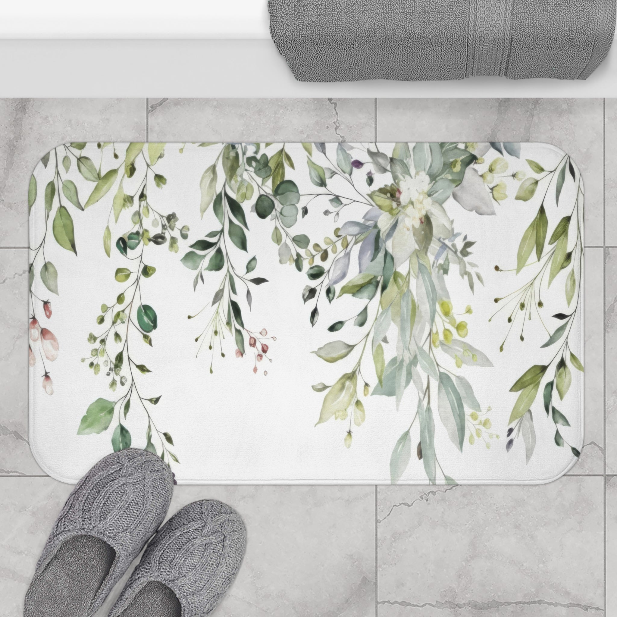 Sage Eucalyptus Bath Mat, Watercolor Greenery Bathroom Decor