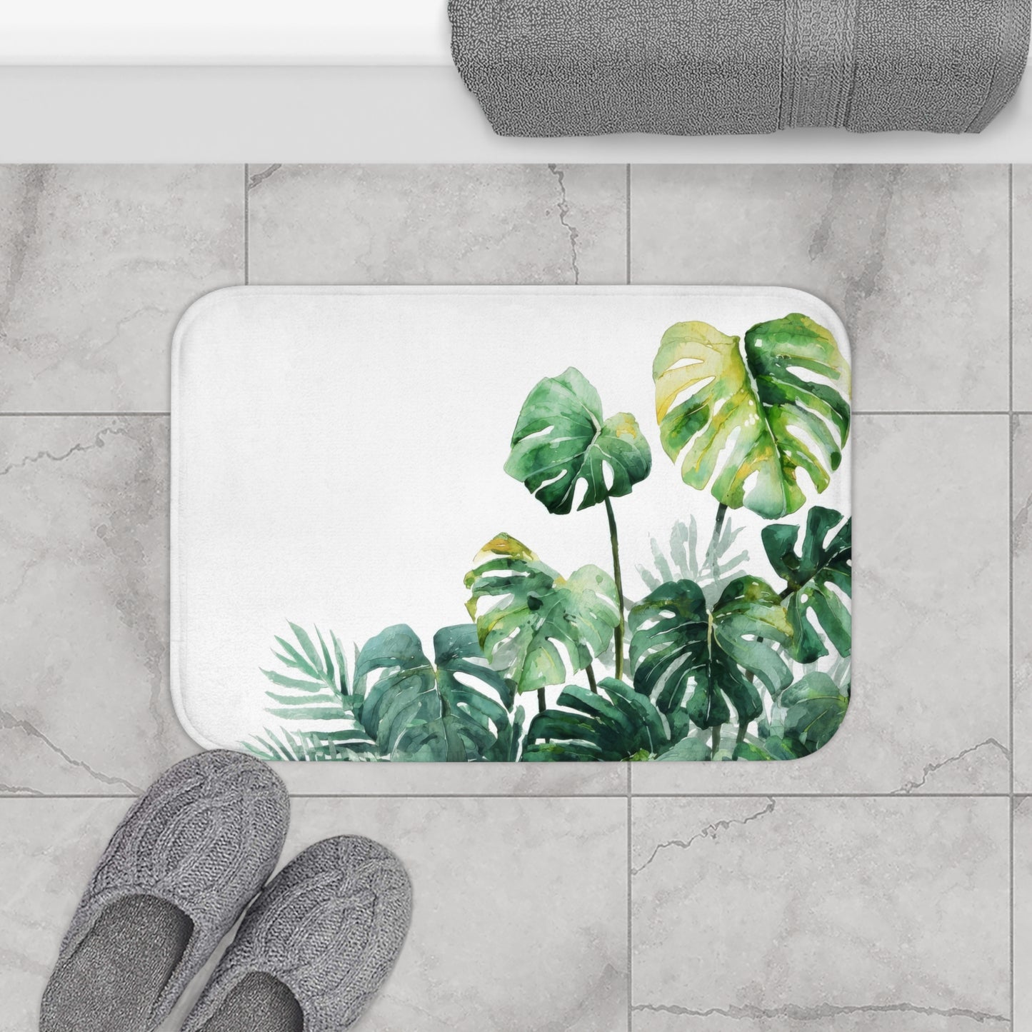 Watercolor Monstera Bath Mat, Bright Tropical Botanical Bathroom Decor