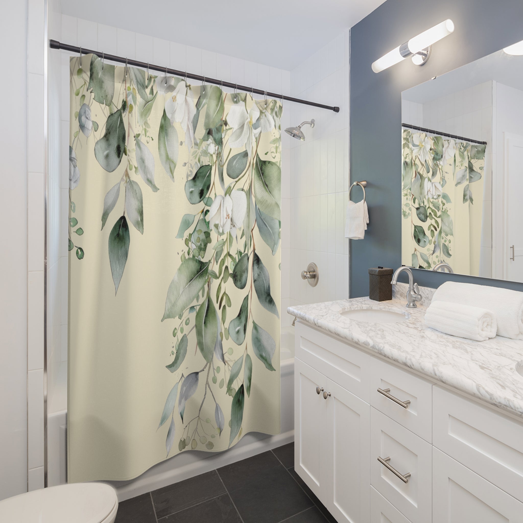 Soft Sage and Cream Eucalyptus Shower Curtains, Watercolor Floral Bathroom Decor