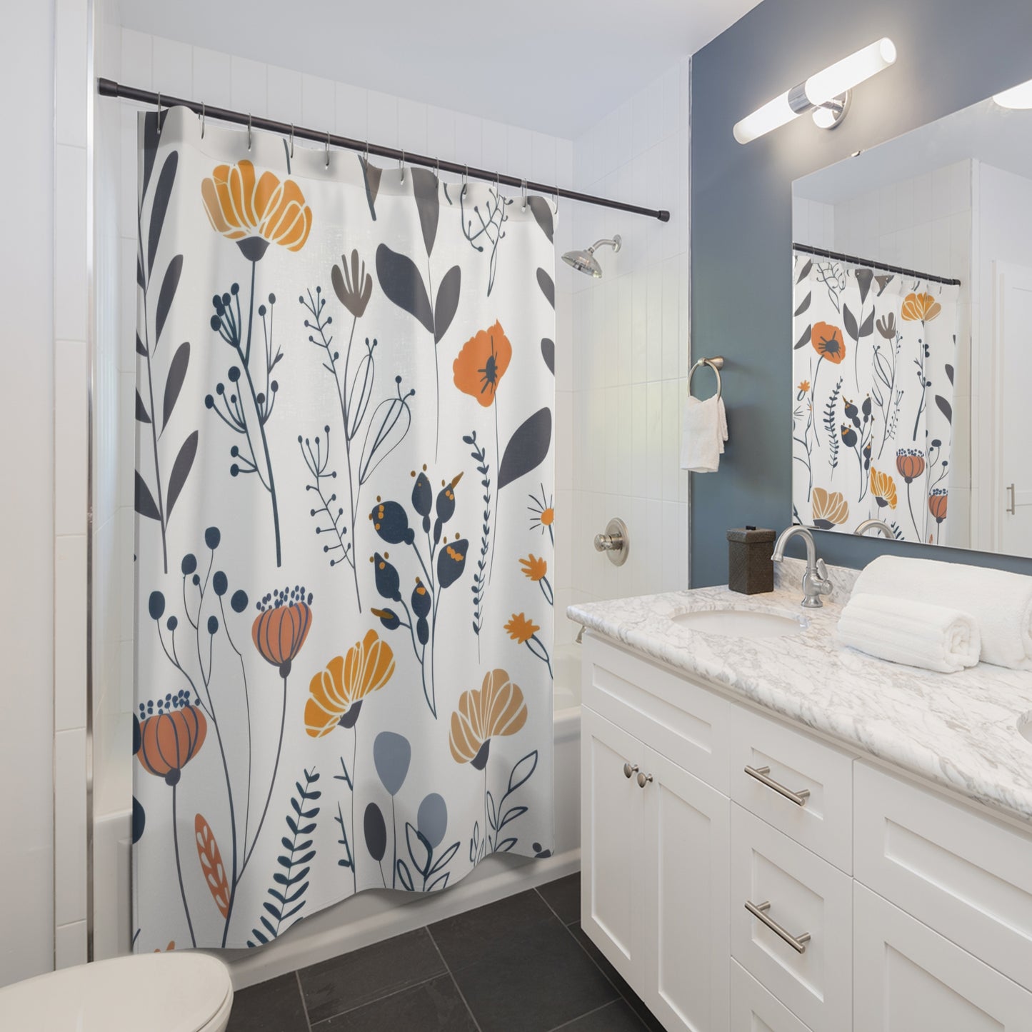 Minimalist Wildflower Shower Curtains, Retro Boho Bathroom Decor
