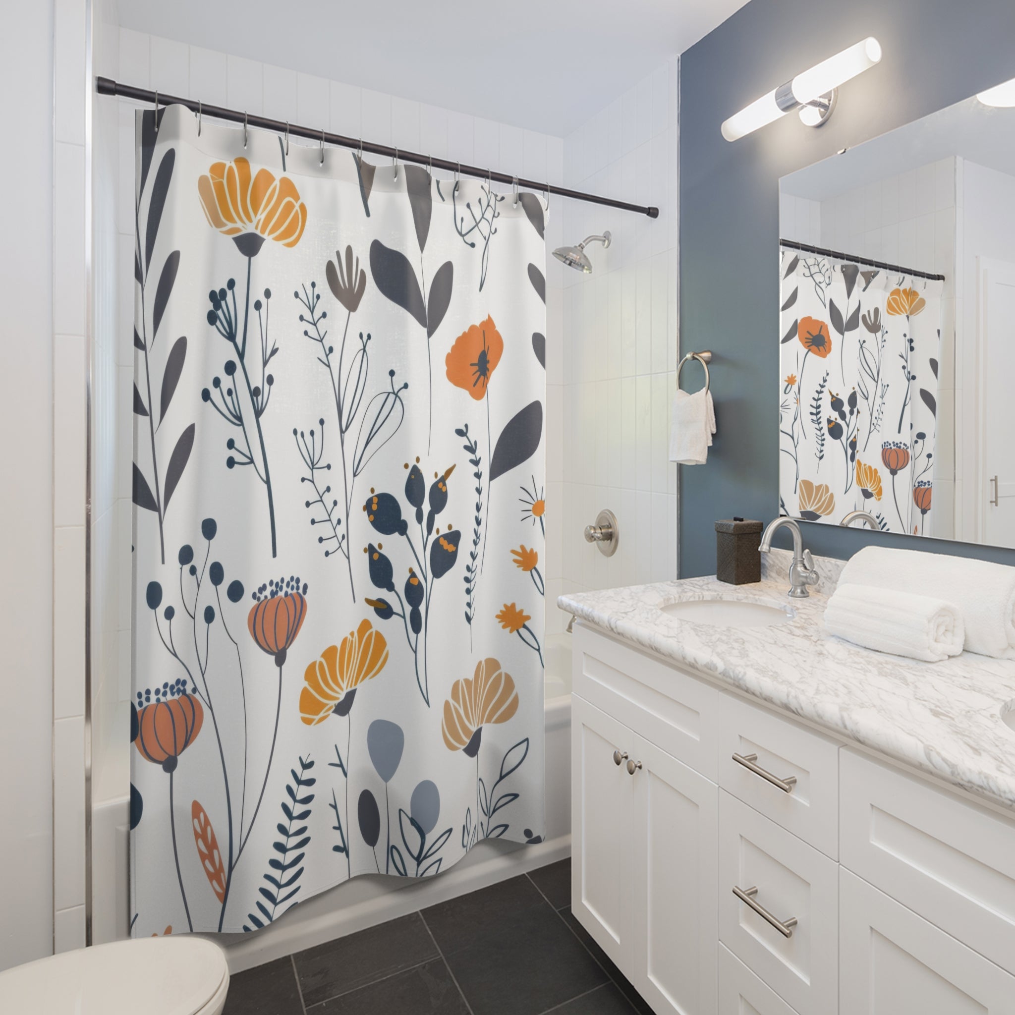 Minimalist Wildflower Shower Curtains, Retro Boho Bathroom Decor