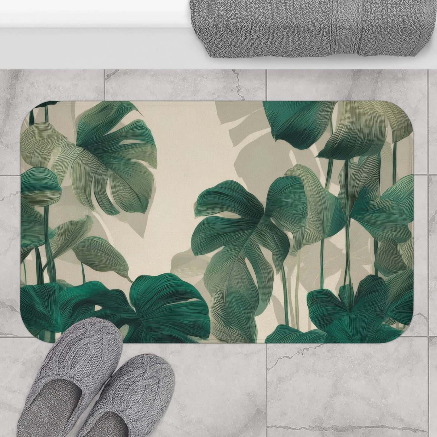 Artisan Etched Monstera Bath Mat, Sophisticated Urban Jungle Decor