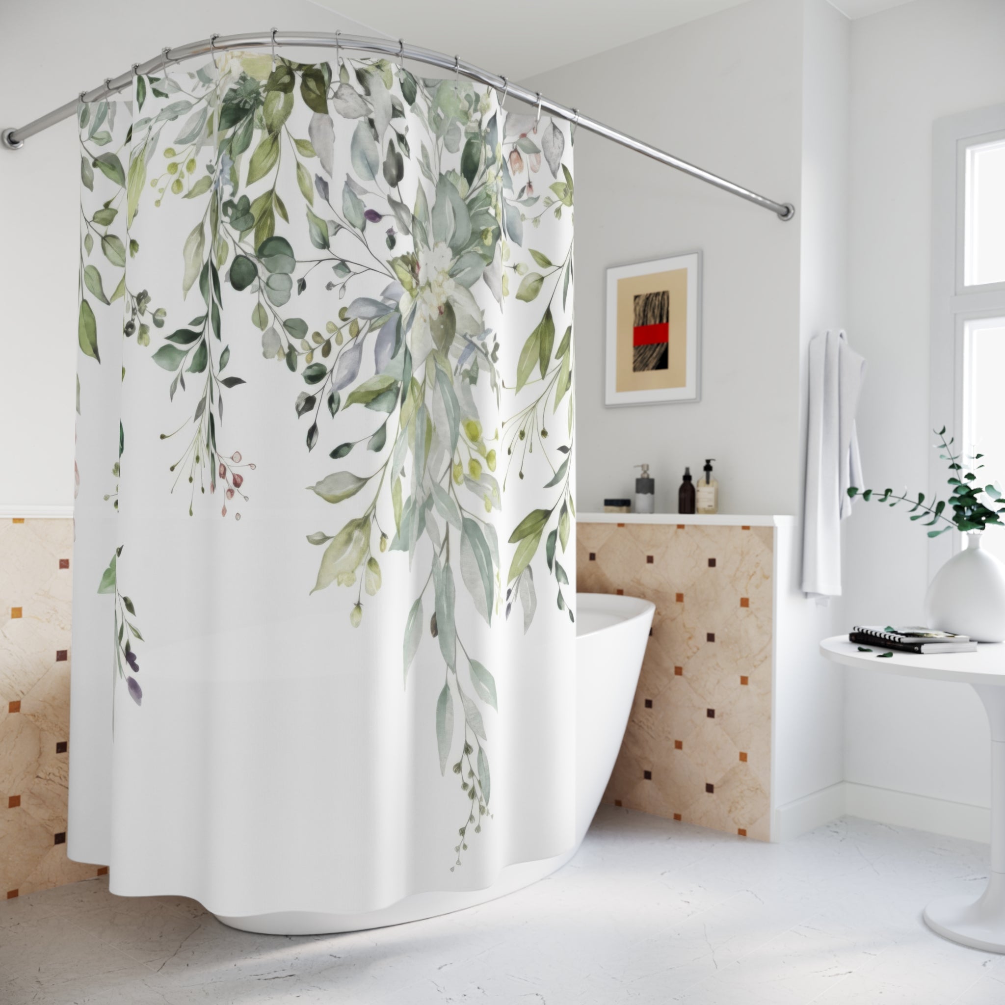 Sage Eucalyptus Shower Curtains, Watercolor Greenery Bathroom Decor