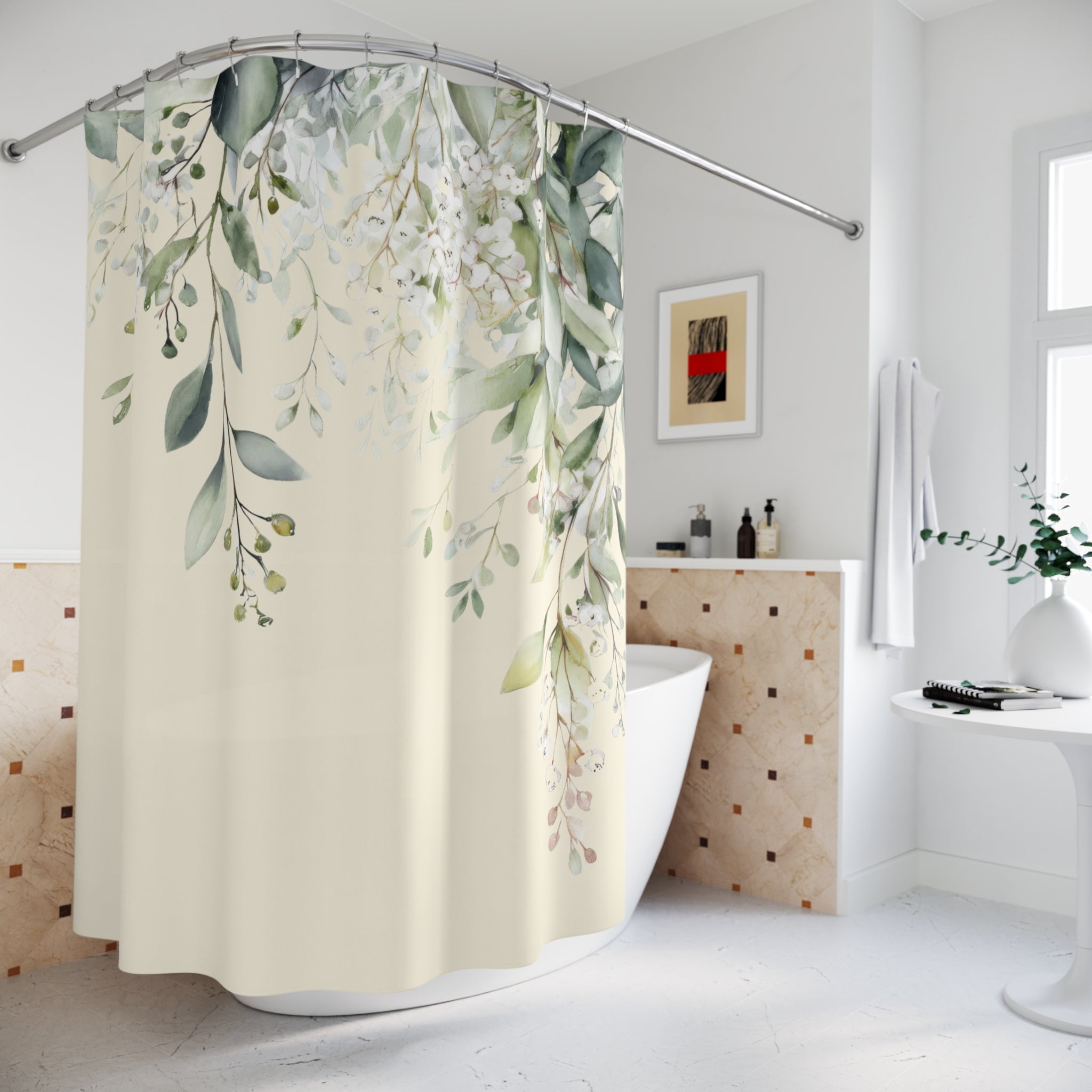 Soft Sage and Cream Eucalyptus Shower Curtains, Modern Organic Spa Bathroom