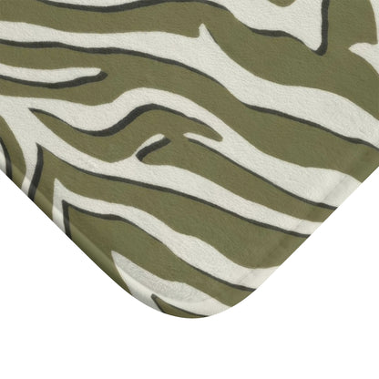 Sage Green Zebra Print Bath Mat, Modern Chevron Animal Print Bathroom Decor