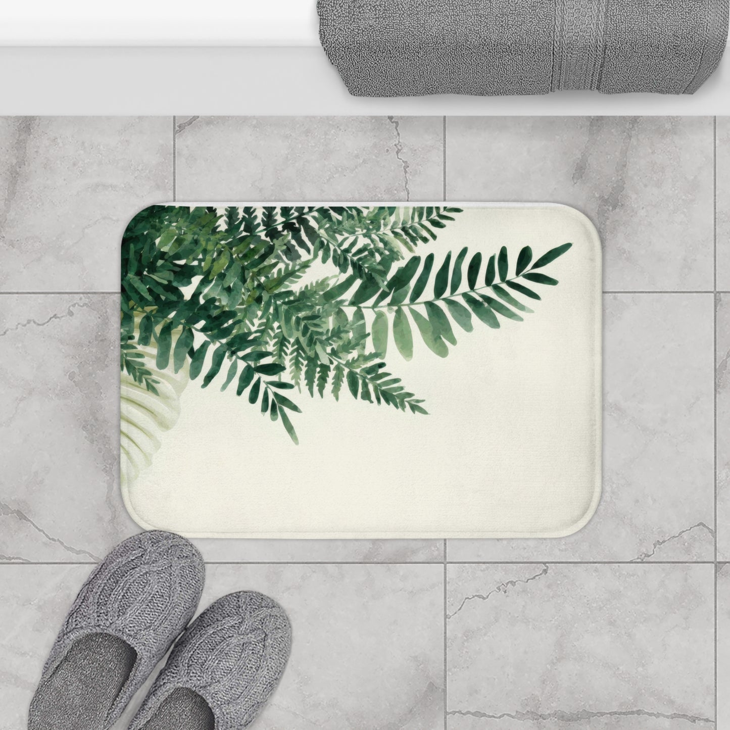 Watercolor Fern Bath Mat, Modern Minimalist Organic Bath