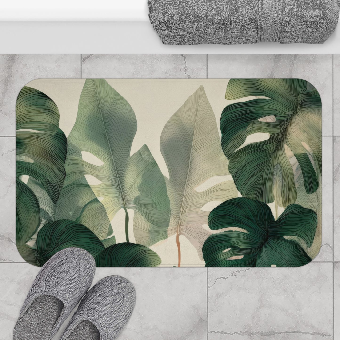 Monstera Bath Mat, Tropical Botanical Bathroom Decor