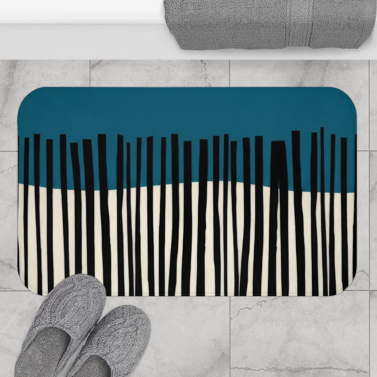 Abstract Teal Birch Bath Mat, Modern Scandinavian Home Decor