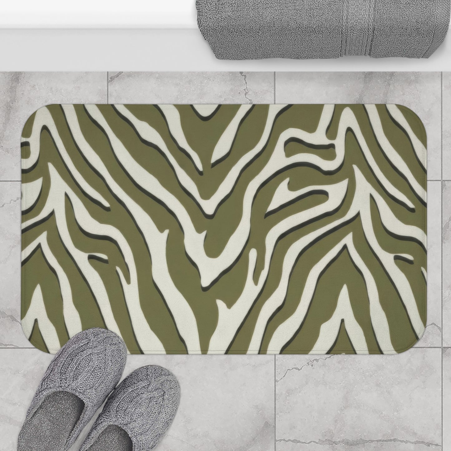 Sage Green Zebra Print Bath Mat, Modern Chevron Animal Print Bathroom Decor