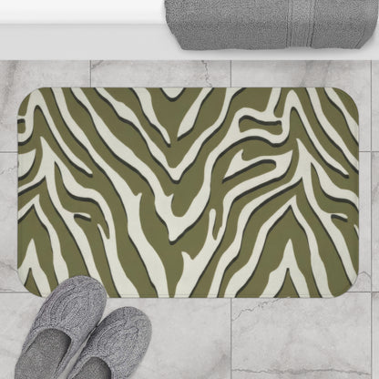 Sage Green Zebra Print Bath Mat, Modern Chevron Animal Print Bathroom Decor