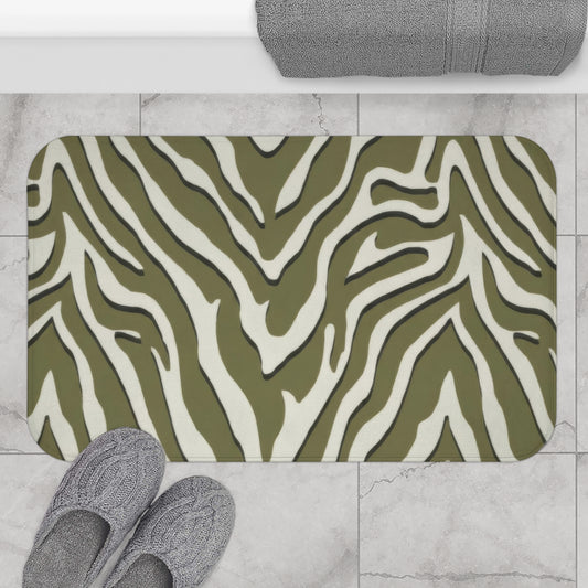 Sage Green Zebra Print Bath Mat, Modern Chevron Animal Print Bathroom Decor