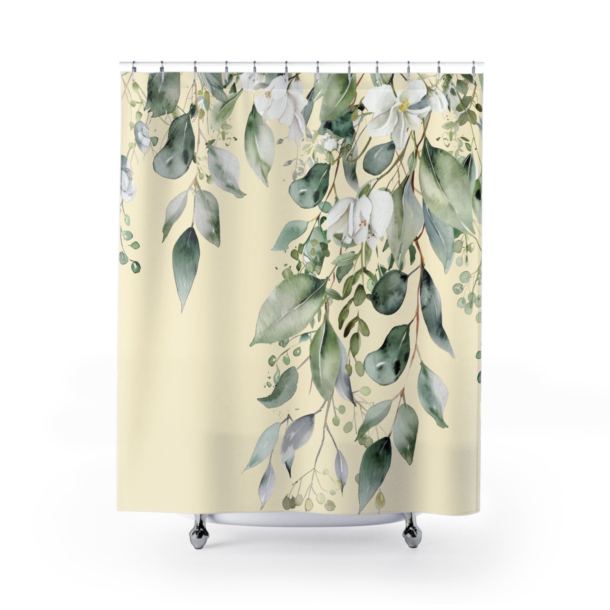 Soft Sage and Cream Eucalyptus Shower Curtains, Watercolor Floral Bathroom Decor
