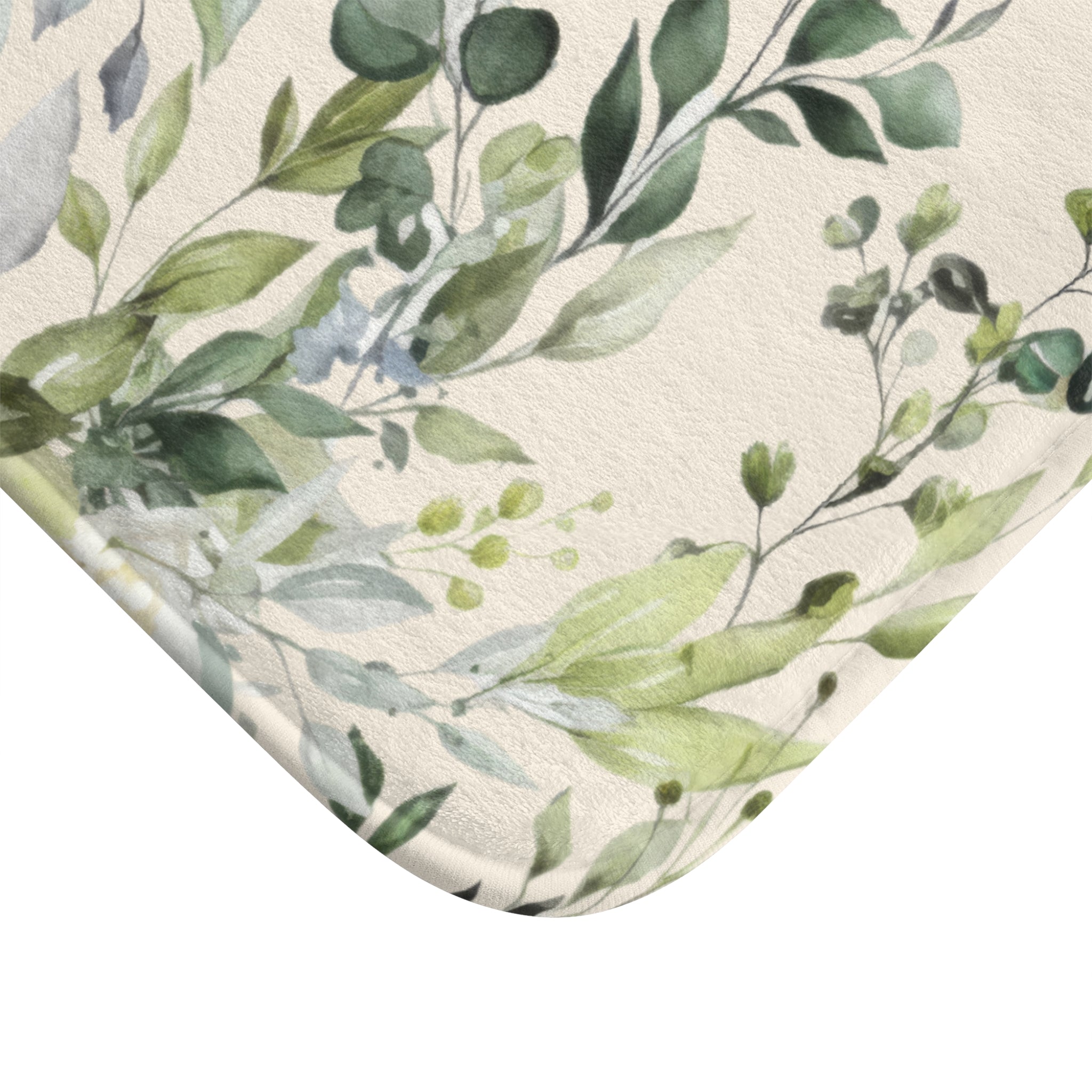 Watercolor Sage and Cream Eucalyptus Bath Mat, Boho Bathroom Decor