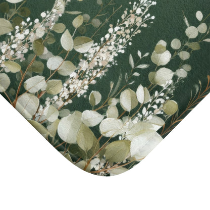Dark Green Eucalyptus Bath Mat, Boho Botanical Bathroom Decor