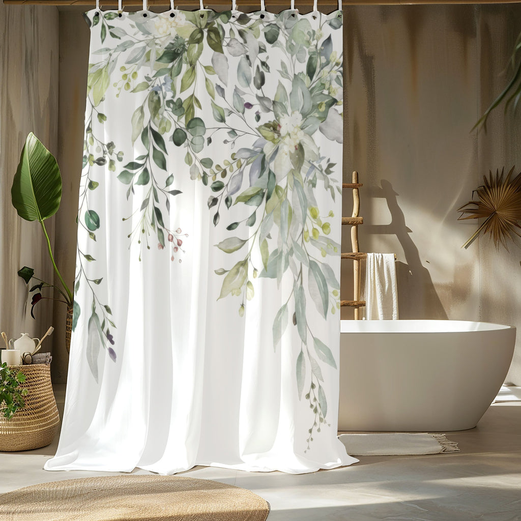 Sage Eucalyptus Shower Curtains, Watercolor Greenery Bathroom Decor