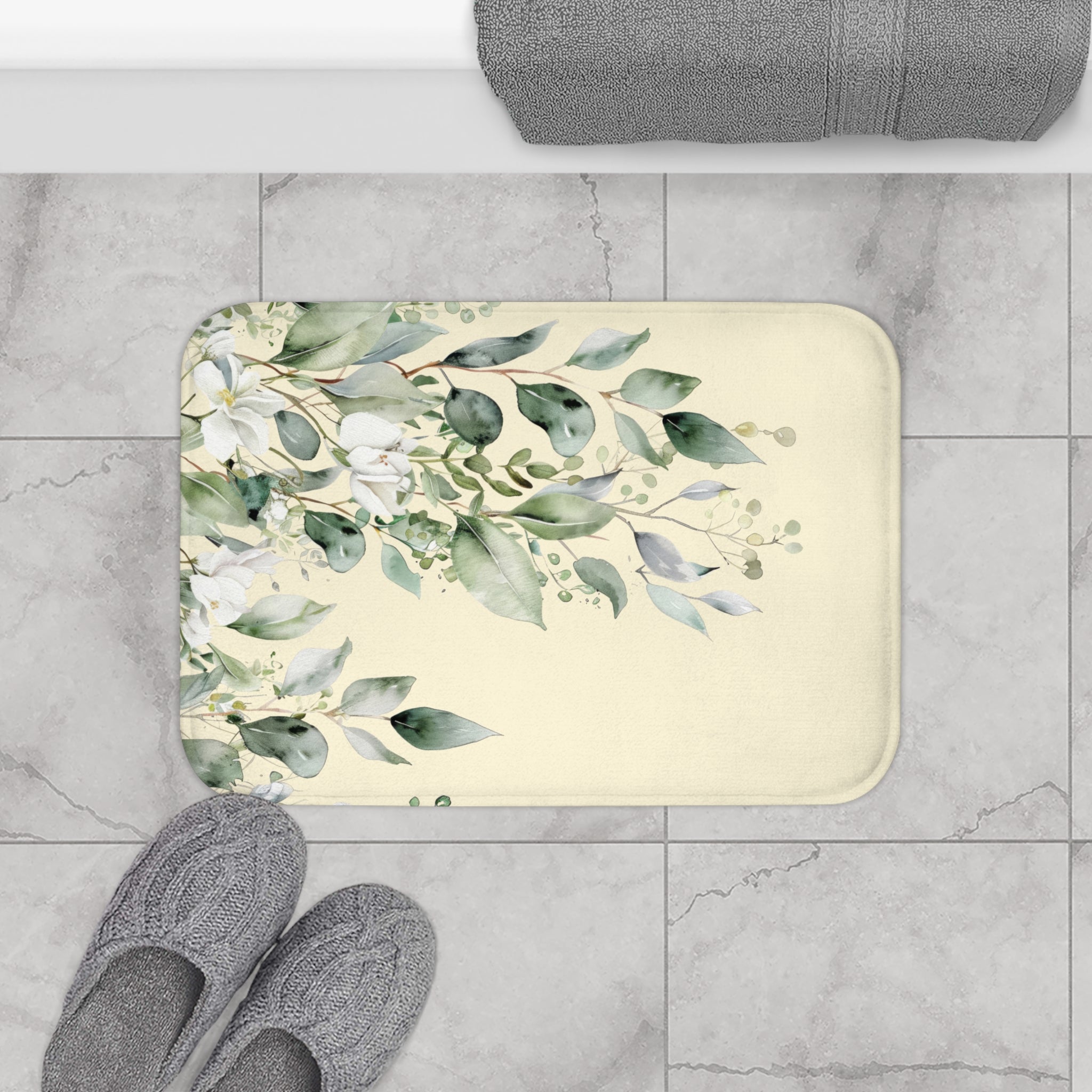 Soft Sage and Cream Eucalyptus Bath Mat, Watercolor Floral Bathroom Decor