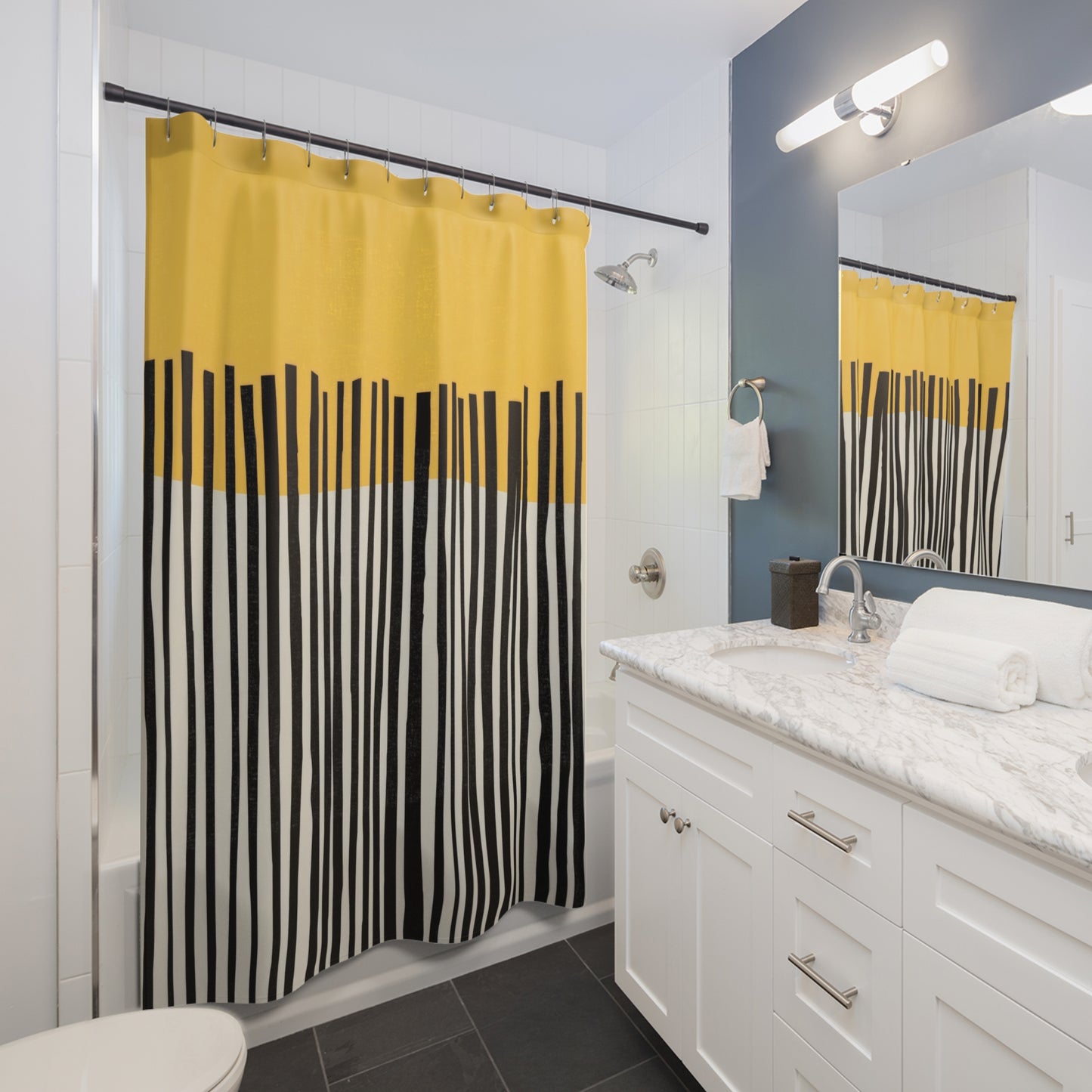 Abstract Birch Shower Curtains, Mustard and Charcoal Japandi Minimalist Bath Art