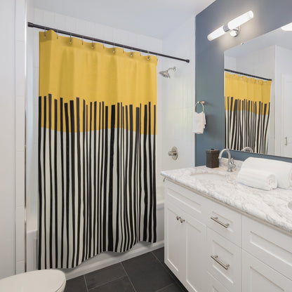 Abstract Birch Shower Curtains, Mustard and Charcoal Japandi Minimalist Bath Art