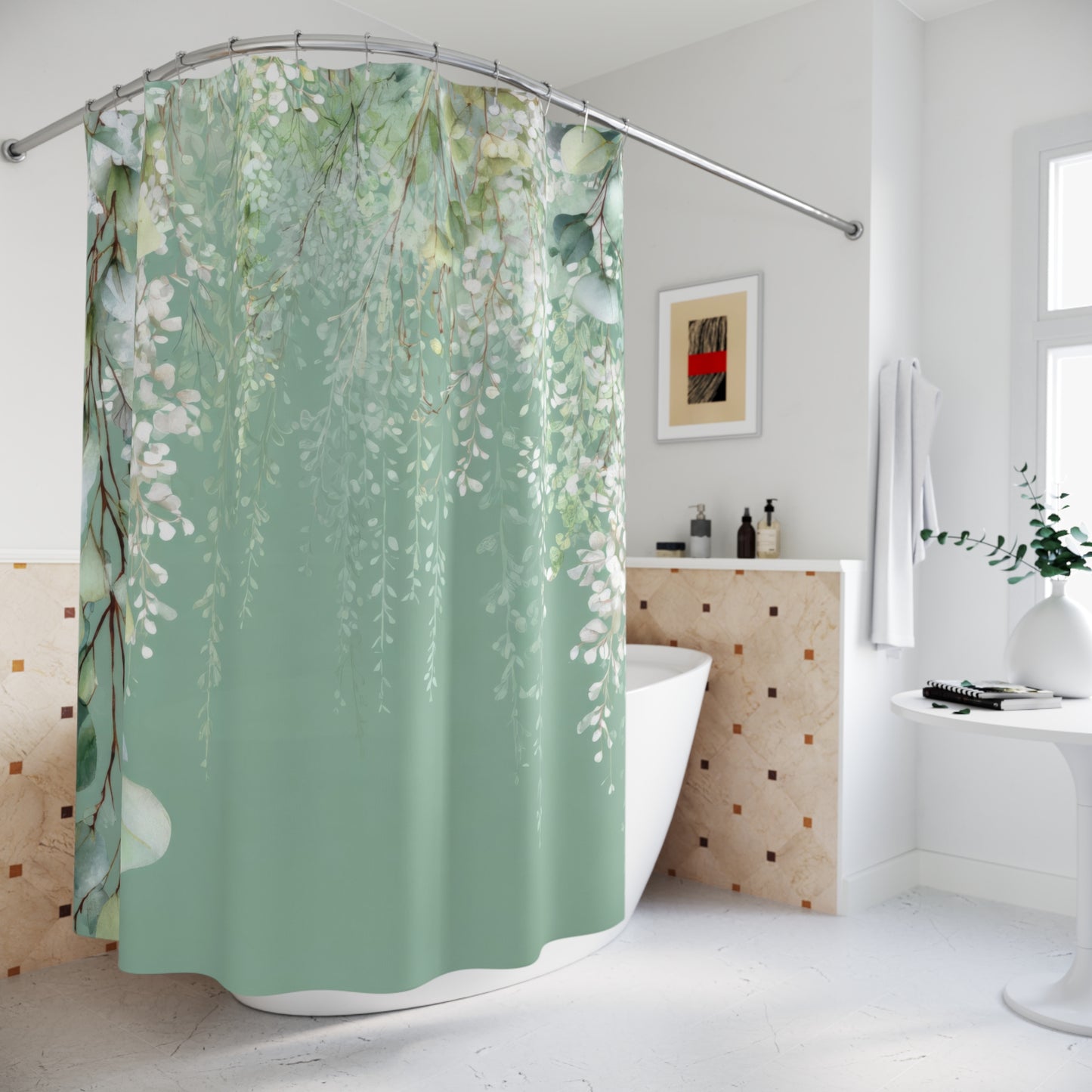 Cascading White Wisteria & Sage Eucalyptus Shower Curtains, Serene Luxury Bathroom Decor