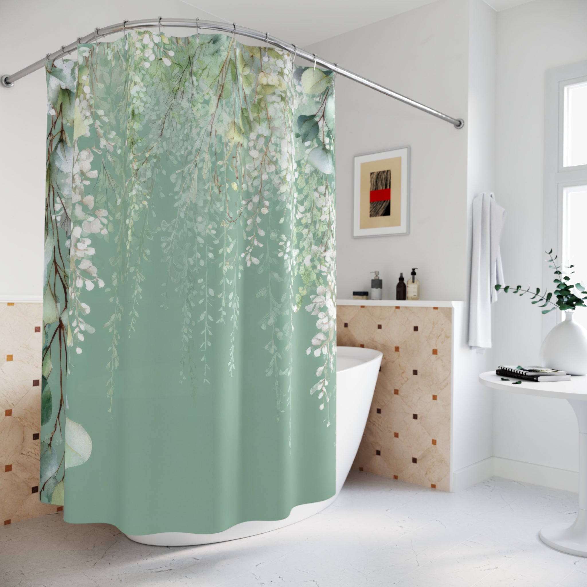 Cascading White Wisteria & Sage Eucalyptus Shower Curtains, Serene Luxury Bathroom Decor