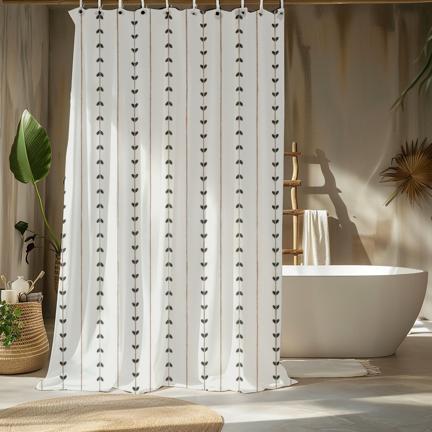 Minimalist Boho Shower Curtains, Modern Scandi Vine Stripe Bathroom Decor