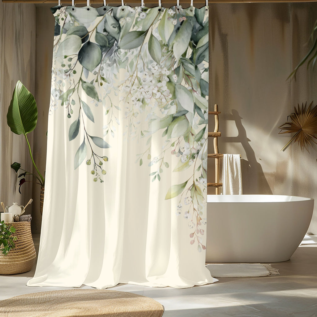 Soft Sage and Cream Eucalyptus Shower Curtains, Modern Organic Spa Bathroom