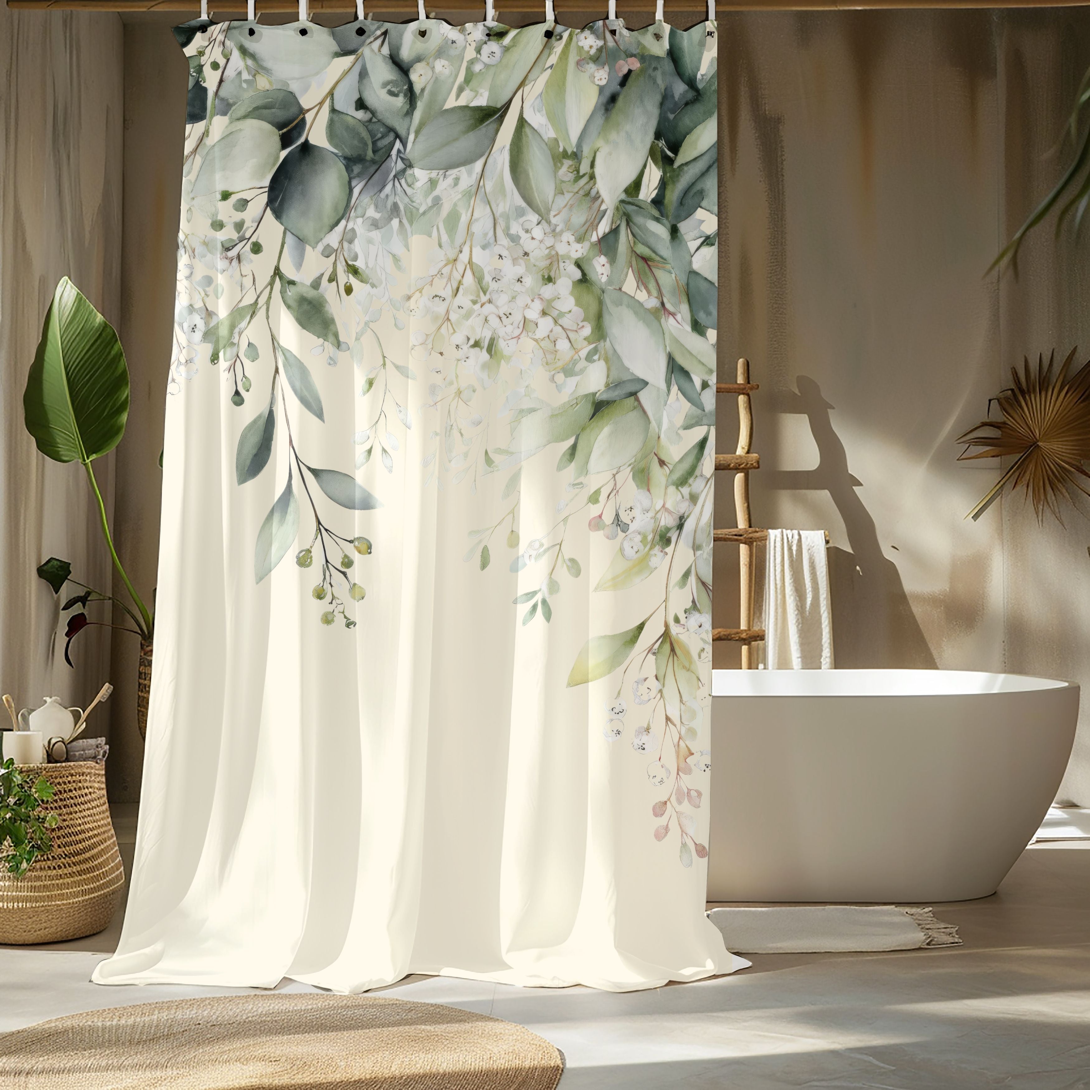 Soft Sage and Cream Eucalyptus Shower Curtains, Modern Organic Spa Bathroom